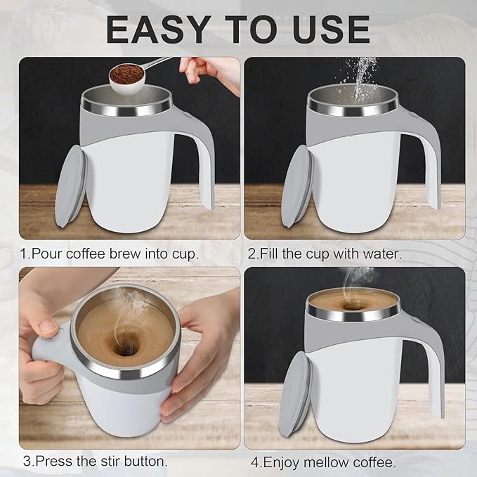 Electric Magnetic Stirring Coffee Mug, Electric Mixing Mug, Automatic Funny Self Mixing Cup, Stainless Steel Travel Cup for Chocolate, Milk, Tea, Office, Home, Kitchen, 12 oz/350ml, White Visit the ENCHANTNESS Store